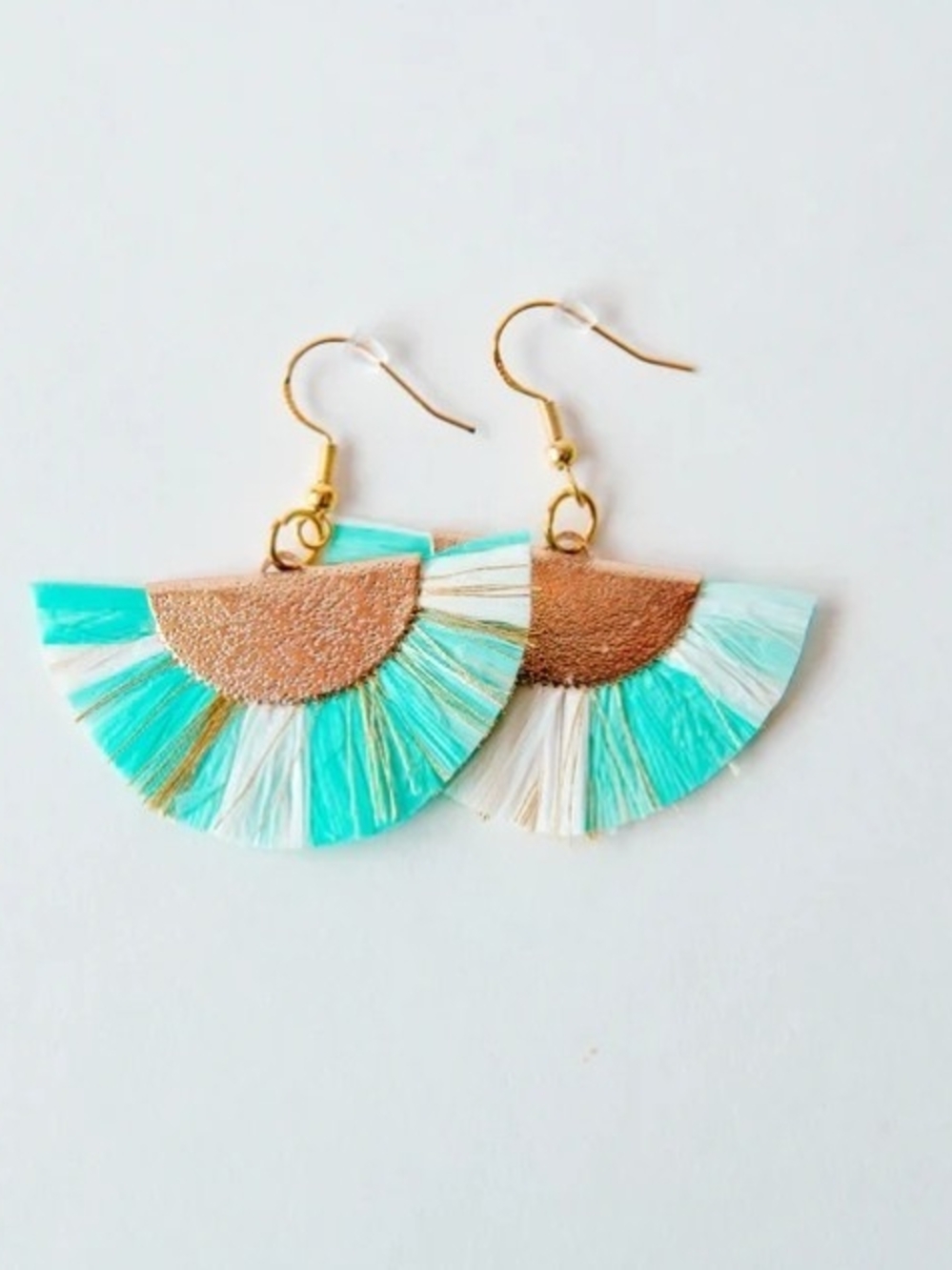 Teal And White Fan Fringe Earrings - Gold Accent